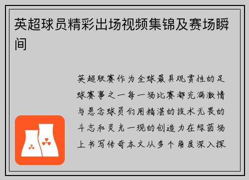 英超球员精彩出场视频集锦及赛场瞬间