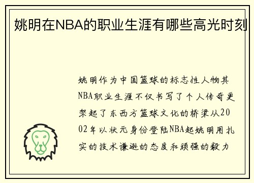姚明在NBA的职业生涯有哪些高光时刻